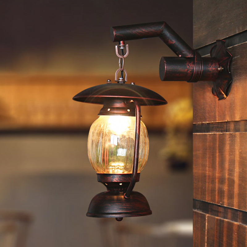 Loft Style Lantern Sconce Light Single Head Clear Fluted Glass Wall Mounted Lighting in Weathered Copper Clearhalo 'Wall Lamps & Sconces' 'Wall Lights' Lighting' 1712787