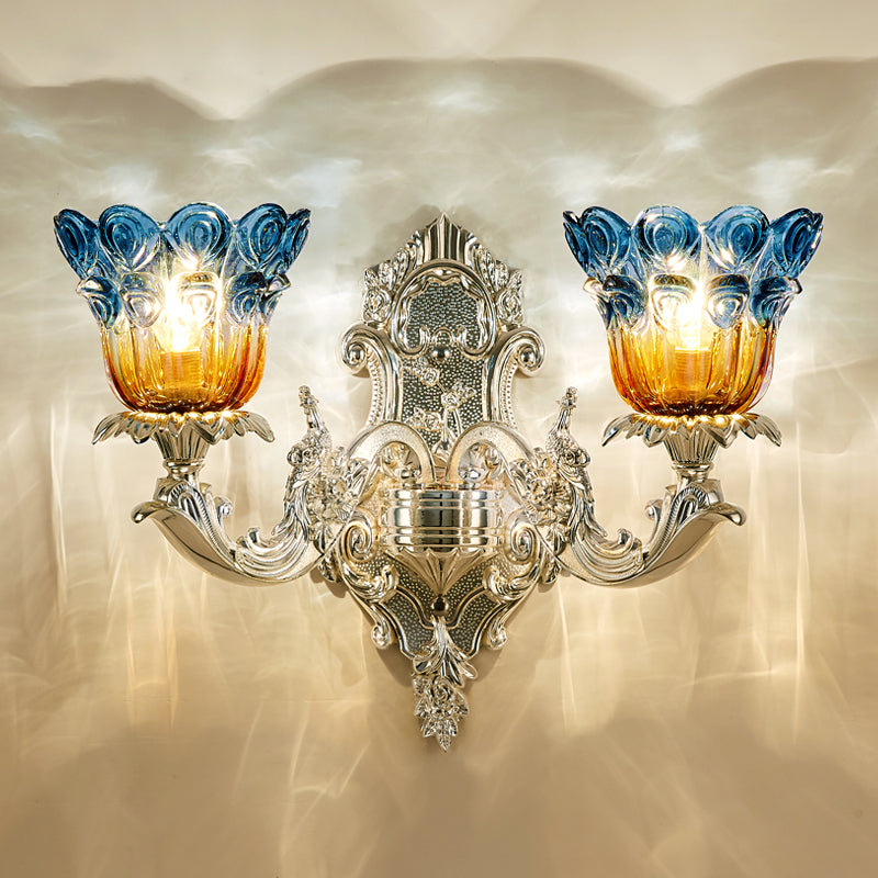 Blossom Sitting Room Sconce Lamp Classic Blue and Yellow Ribbed Glass 2 Lights Silver Wall Mounted Lighting Clearhalo 'Wall Lamps & Sconces' 'Wall Lights' Lighting' 1712792