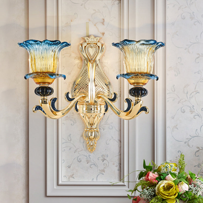 2 Bulbs Flower Wall Sconce Antiqued Light Gold Clear Ruffle Glass Wall Mounted Lamp with Curved Arm Clearhalo 'Wall Lamps & Sconces' 'Wall Lights' Lighting' 1712795