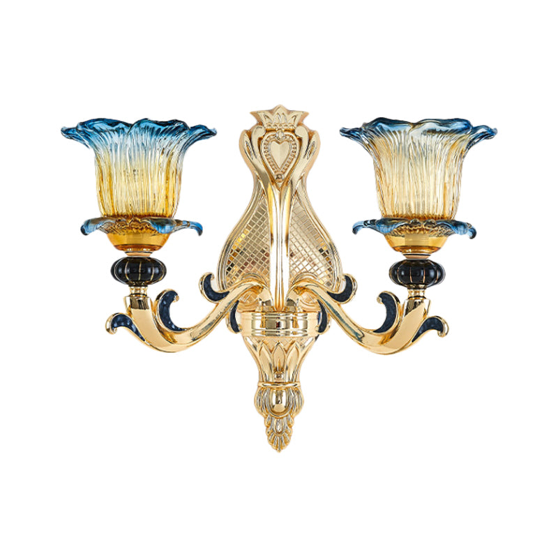 2 Bulbs Flower Wall Sconce Antiqued Light Gold Clear Ruffle Glass Wall Mounted Lamp with Curved Arm Clearhalo 'Wall Lamps & Sconces' 'Wall Lights' Lighting' 1712796