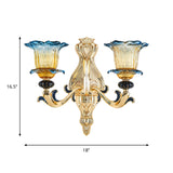 2 Bulbs Flower Wall Sconce Antiqued Light Gold Clear Ruffle Glass Wall Mounted Lamp with Curved Arm Clearhalo 'Wall Lamps & Sconces' 'Wall Lights' Lighting' 1712797