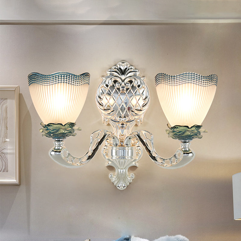 Vintage Scalloped Wall Mounted Light 2 Heads Opal Ribbed Glass Wall Lighting Idea in Silver Silver Clearhalo 'Wall Lamps & Sconces' 'Wall Lights' Lighting' 1712798