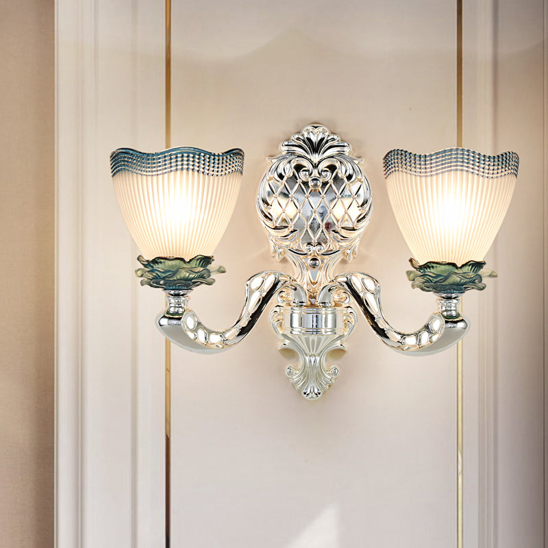 Vintage Scalloped Wall Mounted Light 2 Heads Opal Ribbed Glass Wall Lighting Idea in Silver Clearhalo 'Wall Lamps & Sconces' 'Wall Lights' Lighting' 1712799