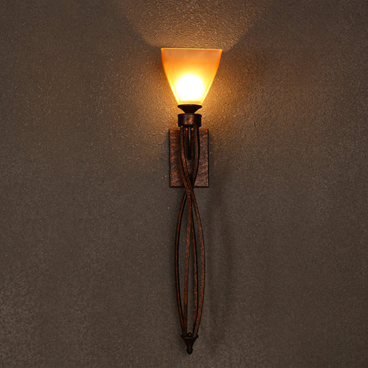 Trapezoid Corridor Wall Mounted Lamp Rustic Amber Glass Single Light Rust Wall Lighting with Twisted Line Arm Clearhalo 'Wall Lamps & Sconces' 'Wall Lights' Lighting' 1712803