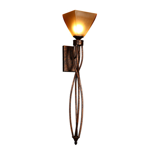 Trapezoid Corridor Wall Mounted Lamp Rustic Amber Glass Single Light Rust Wall Lighting with Twisted Line Arm Clearhalo 'Wall Lamps & Sconces' 'Wall Lights' Lighting' 1712804