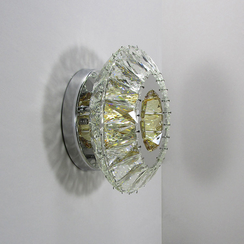 Faceted Crystal Round Wall Mounted Lamp Contemporary LED Chrome Sconce in 3 Color Light Clearhalo 'Cast Iron' 'Glass' 'Industrial' 'Modern wall lights' 'Modern' 'Tiffany' 'Traditional wall lights' 'Wall Lamps & Sconces' 'Wall Lights' Lighting' 1712811
