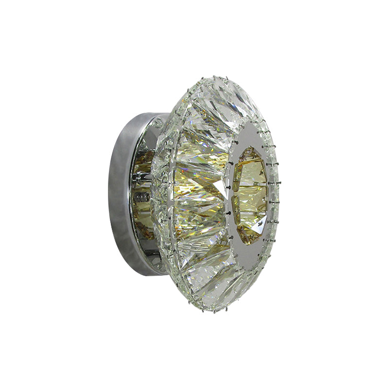Faceted Crystal Round Wall Mounted Lamp Contemporary LED Chrome Sconce in 3 Color Light Clearhalo 'Cast Iron' 'Glass' 'Industrial' 'Modern wall lights' 'Modern' 'Tiffany' 'Traditional wall lights' 'Wall Lamps & Sconces' 'Wall Lights' Lighting' 1712812