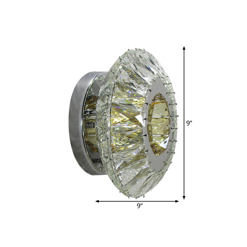 Faceted Crystal Round Wall Mounted Lamp Contemporary LED Chrome Sconce in 3 Color Light Clearhalo 'Cast Iron' 'Glass' 'Industrial' 'Modern wall lights' 'Modern' 'Tiffany' 'Traditional wall lights' 'Wall Lamps & Sconces' 'Wall Lights' Lighting' 1712813