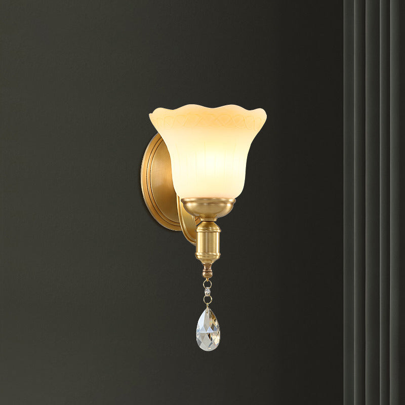 Blossom Opaque Glass Wall Lamp Retro Style 1/2-Head Gold Wall Lighting Ideas with Crystal Drop 1.0 Gold Clearhalo 'Cast Iron' 'Glass' 'Industrial' 'Modern wall lights' 'Modern' 'Tiffany' 'Traditional wall lights' 'Wall Lamps & Sconces' 'Wall Lights' Lighting' 1712830