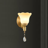 Blossom Opaque Glass Wall Lamp Retro Style 1/2-Head Gold Wall Lighting Ideas with Crystal Drop 1.0 Gold Clearhalo 'Cast Iron' 'Glass' 'Industrial' 'Modern wall lights' 'Modern' 'Tiffany' 'Traditional wall lights' 'Wall Lamps & Sconces' 'Wall Lights' Lighting' 1712830