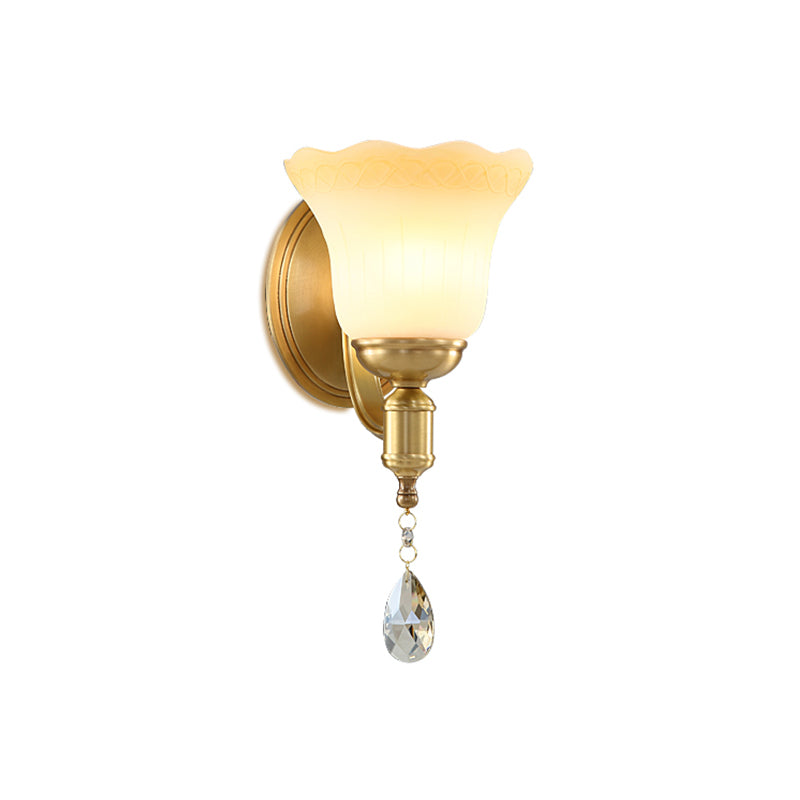 Blossom Opaque Glass Wall Lamp Retro Style 1/2-Head Gold Wall Lighting Ideas with Crystal Drop Clearhalo 'Cast Iron' 'Glass' 'Industrial' 'Modern wall lights' 'Modern' 'Tiffany' 'Traditional wall lights' 'Wall Lamps & Sconces' 'Wall Lights' Lighting' 1712831