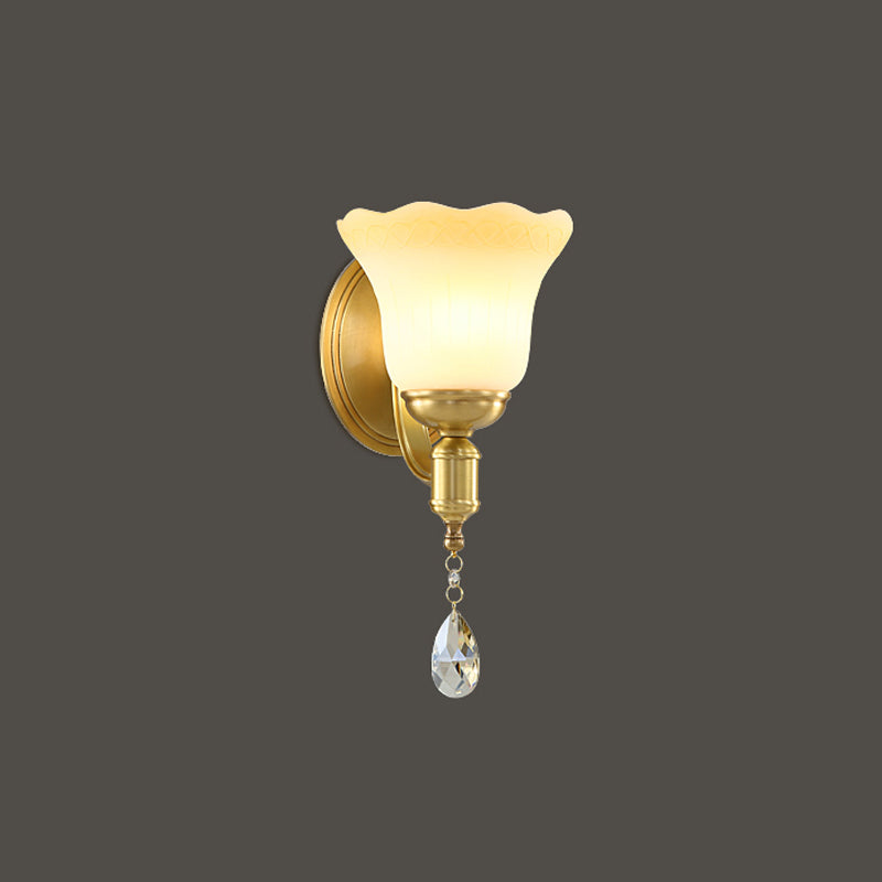 Blossom Opaque Glass Wall Lamp Retro Style 1/2-Head Gold Wall Lighting Ideas with Crystal Drop Clearhalo 'Cast Iron' 'Glass' 'Industrial' 'Modern wall lights' 'Modern' 'Tiffany' 'Traditional wall lights' 'Wall Lamps & Sconces' 'Wall Lights' Lighting' 1712832