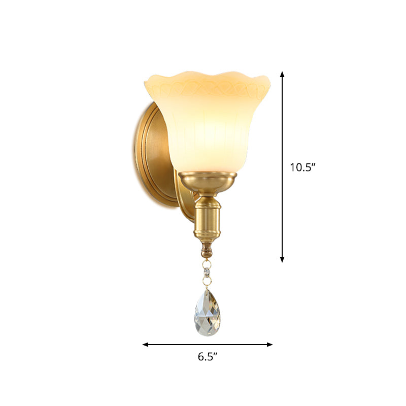 Blossom Opaque Glass Wall Lamp Retro Style 1/2-Head Gold Wall Lighting Ideas with Crystal Drop Clearhalo 'Cast Iron' 'Glass' 'Industrial' 'Modern wall lights' 'Modern' 'Tiffany' 'Traditional wall lights' 'Wall Lamps & Sconces' 'Wall Lights' Lighting' 1712833