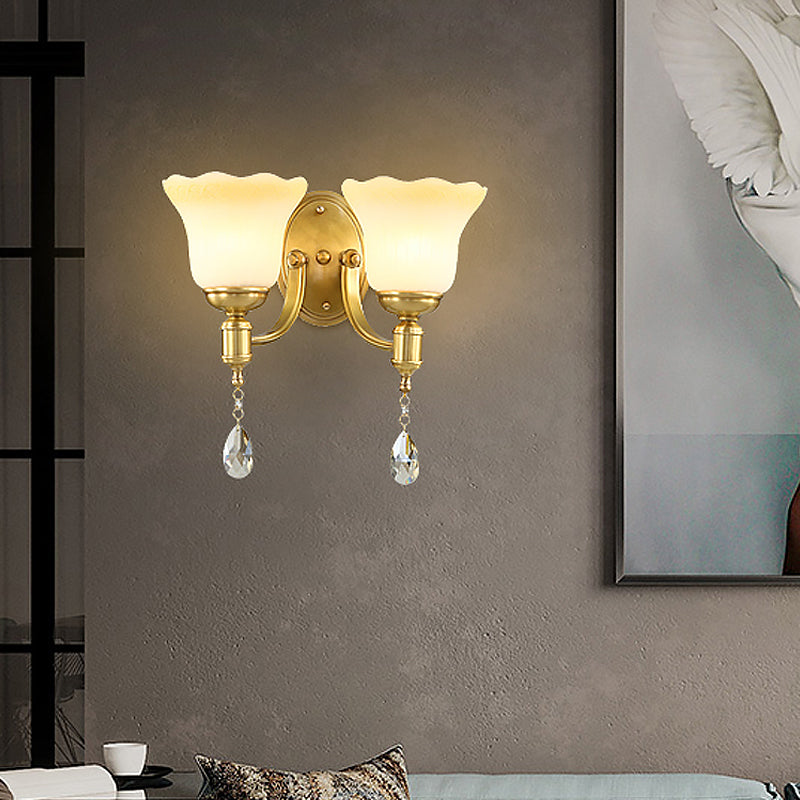 Blossom Opaque Glass Wall Lamp Retro Style 1/2-Head Gold Wall Lighting Ideas with Crystal Drop Clearhalo 'Cast Iron' 'Glass' 'Industrial' 'Modern wall lights' 'Modern' 'Tiffany' 'Traditional wall lights' 'Wall Lamps & Sconces' 'Wall Lights' Lighting' 1712835