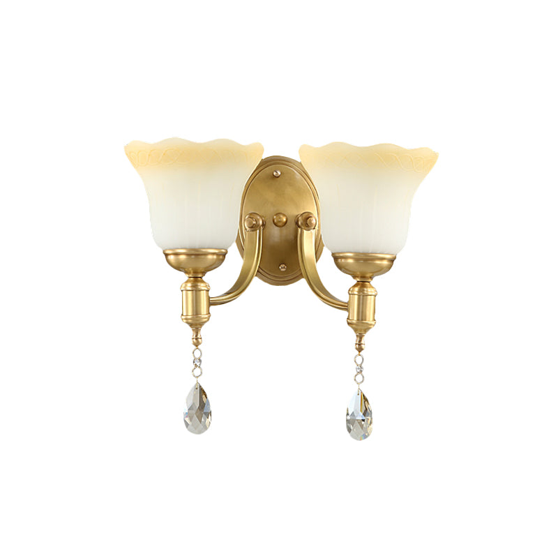 Blossom Opaque Glass Wall Lamp Retro Style 1/2-Head Gold Wall Lighting Ideas with Crystal Drop Clearhalo 'Cast Iron' 'Glass' 'Industrial' 'Modern wall lights' 'Modern' 'Tiffany' 'Traditional wall lights' 'Wall Lamps & Sconces' 'Wall Lights' Lighting' 1712836