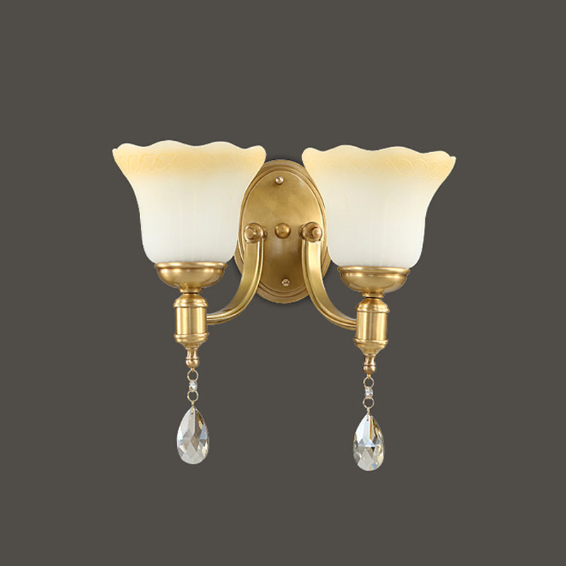 Blossom Opaque Glass Wall Lamp Retro Style 1/2-Head Gold Wall Lighting Ideas with Crystal Drop Clearhalo 'Cast Iron' 'Glass' 'Industrial' 'Modern wall lights' 'Modern' 'Tiffany' 'Traditional wall lights' 'Wall Lamps & Sconces' 'Wall Lights' Lighting' 1712837