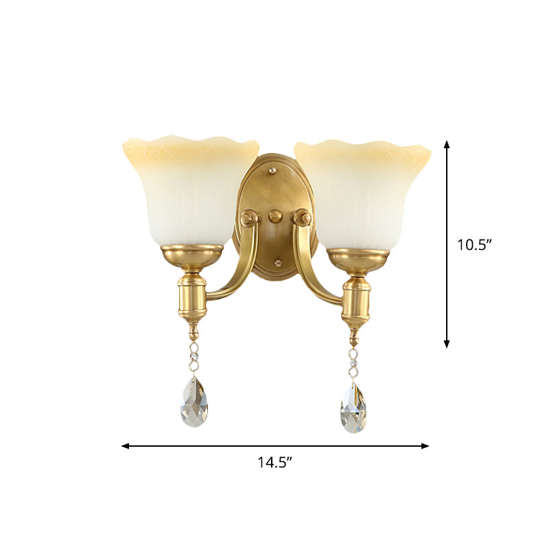 Blossom Opaque Glass Wall Lamp Retro Style 1/2-Head Gold Wall Lighting Ideas with Crystal Drop Clearhalo 'Cast Iron' 'Glass' 'Industrial' 'Modern wall lights' 'Modern' 'Tiffany' 'Traditional wall lights' 'Wall Lamps & Sconces' 'Wall Lights' Lighting' 1712838