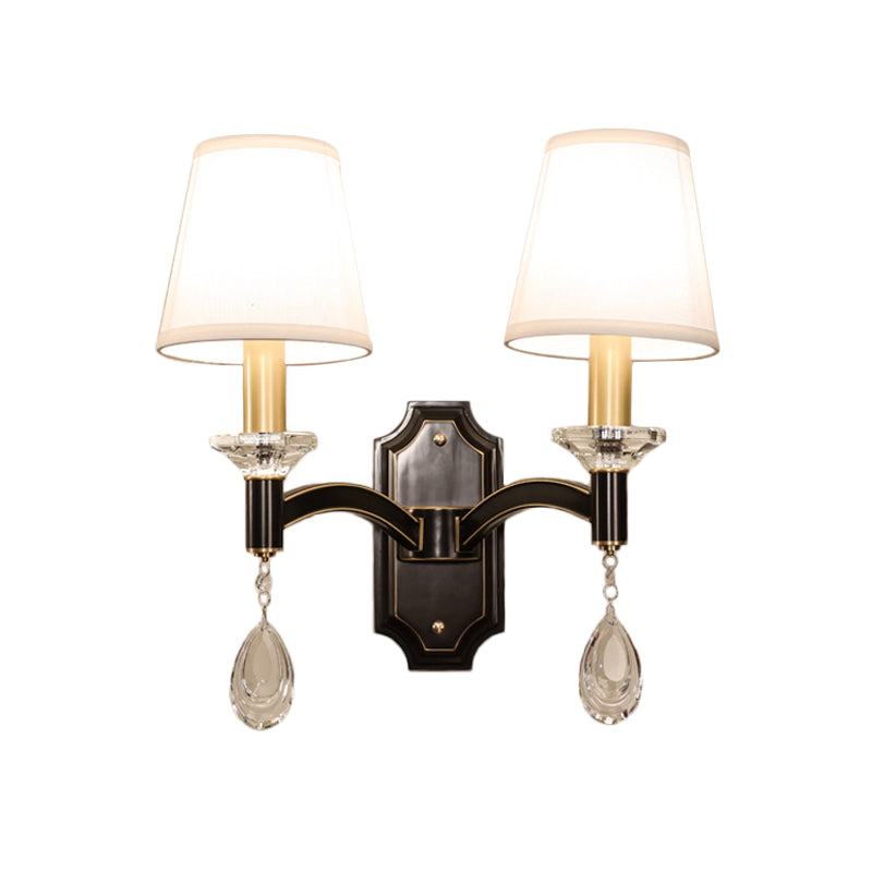 Cut Crystal Teardrop Wall Mount Light Vintage 1/2-Bulb Brown Wall Lamp Fixture with Conic Fabric Shade Clearhalo 'Cast Iron' 'Glass' 'Industrial' 'Modern wall lights' 'Modern' 'Tiffany' 'Traditional wall lights' 'Wall Lamps & Sconces' 'Wall Lights' Lighting' 1712845