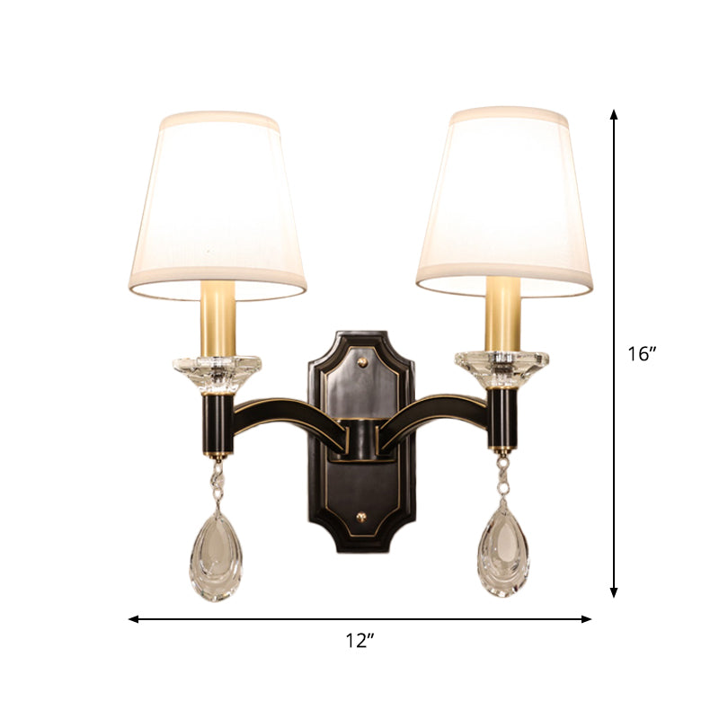 Cut Crystal Teardrop Wall Mount Light Vintage 1/2-Bulb Brown Wall Lamp Fixture with Conic Fabric Shade Clearhalo 'Cast Iron' 'Glass' 'Industrial' 'Modern wall lights' 'Modern' 'Tiffany' 'Traditional wall lights' 'Wall Lamps & Sconces' 'Wall Lights' Lighting' 1712847