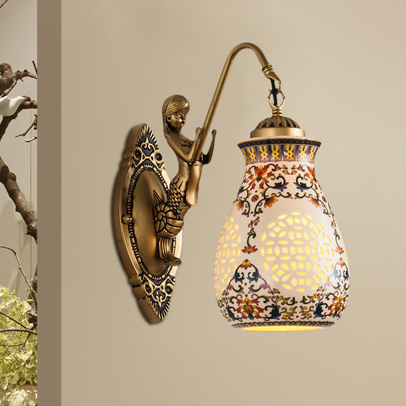 Ceramic Antique Brass Wall Lighting Pierced Jar 1/2-Head Traditional Patterned Sconce Light Fixture with Small Mermaid Design 1.0 Antique Brass Clearhalo 'Wall Lamps & Sconces' 'Wall Lights' Lighting' 1712866