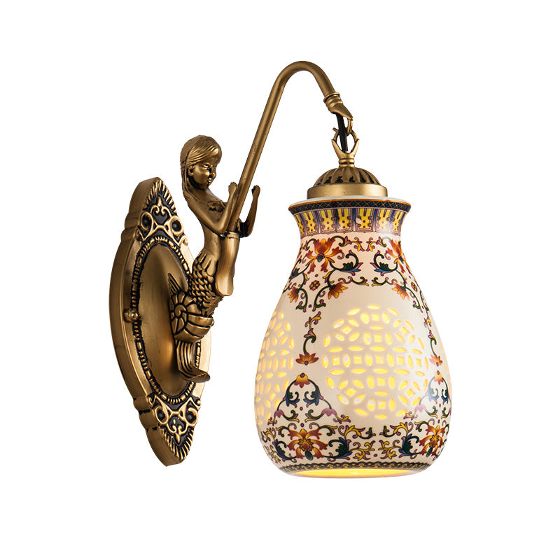 Ceramic Antique Brass Wall Lighting Pierced Jar 1/2-Head Traditional Patterned Sconce Light Fixture with Small Mermaid Design Clearhalo 'Wall Lamps & Sconces' 'Wall Lights' Lighting' 1712868