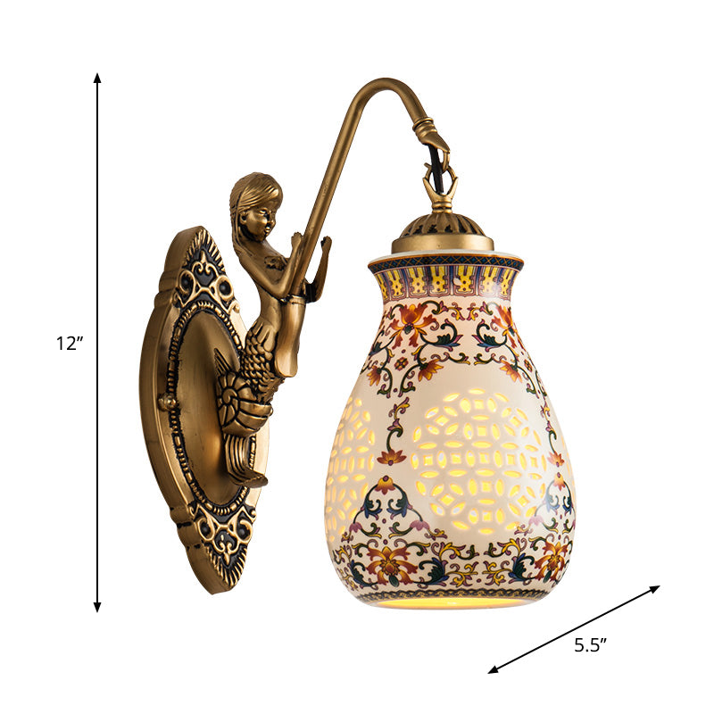 Ceramic Antique Brass Wall Lighting Pierced Jar 1/2-Head Traditional Patterned Sconce Light Fixture with Small Mermaid Design Clearhalo 'Wall Lamps & Sconces' 'Wall Lights' Lighting' 1712869