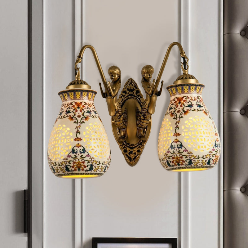 Ceramic Antique Brass Wall Lighting Pierced Jar 1/2-Head Traditional Patterned Sconce Light Fixture with Small Mermaid Design 2.0 Antique Brass Clearhalo 'Wall Lamps & Sconces' 'Wall Lights' Lighting' 1712870