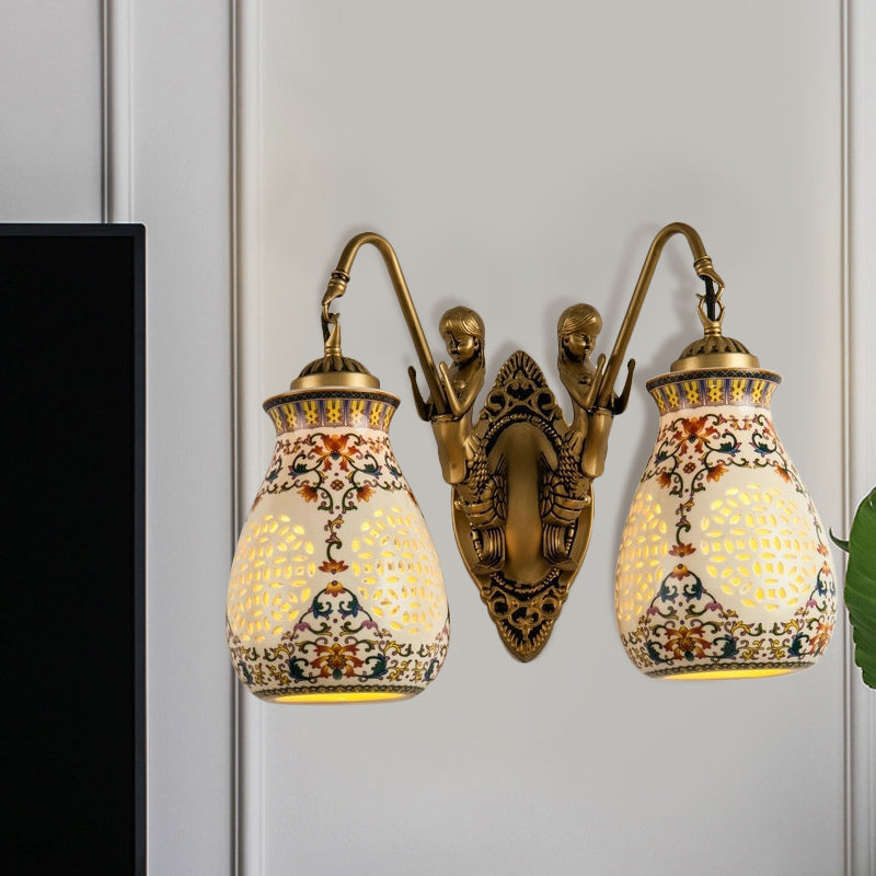 Ceramic Antique Brass Wall Lighting Pierced Jar 1/2-Head Traditional Patterned Sconce Light Fixture with Small Mermaid Design Clearhalo 'Wall Lamps & Sconces' 'Wall Lights' Lighting' 1712871