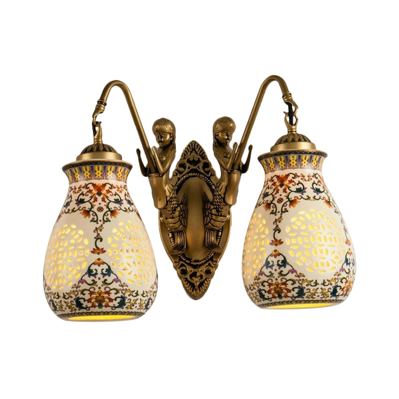 Ceramic Antique Brass Wall Lighting Pierced Jar 1/2-Head Traditional Patterned Sconce Light Fixture with Small Mermaid Design Clearhalo 'Wall Lamps & Sconces' 'Wall Lights' Lighting' 1712872