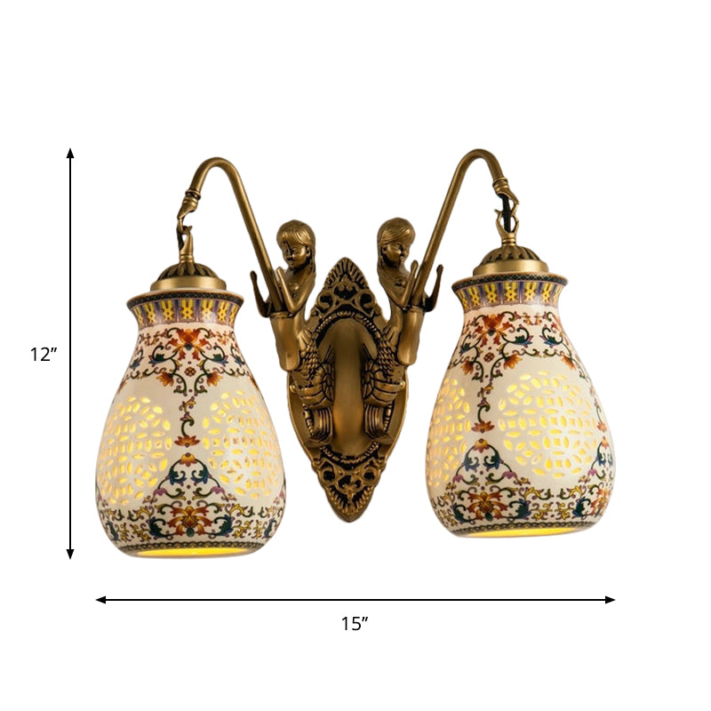 Ceramic Antique Brass Wall Lighting Pierced Jar 1/2-Head Traditional Patterned Sconce Light Fixture with Small Mermaid Design Clearhalo 'Wall Lamps & Sconces' 'Wall Lights' Lighting' 1712874