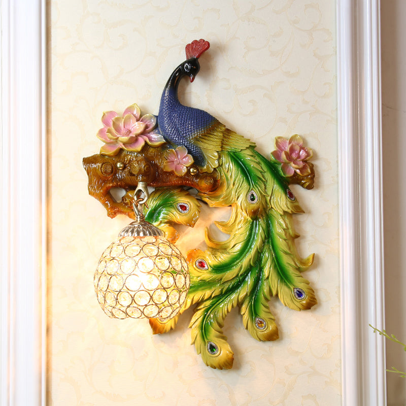 Peacock and Flower Bedroom Sconce Traditional Resin Single Head Blue-Green Wall Lighting Fixture with Orb Hand-Cut Crystal Shade, Left/Right Blue-Green Right Clearhalo 'Wall Lamps & Sconces' 'Wall Lights' Lighting' 1712875