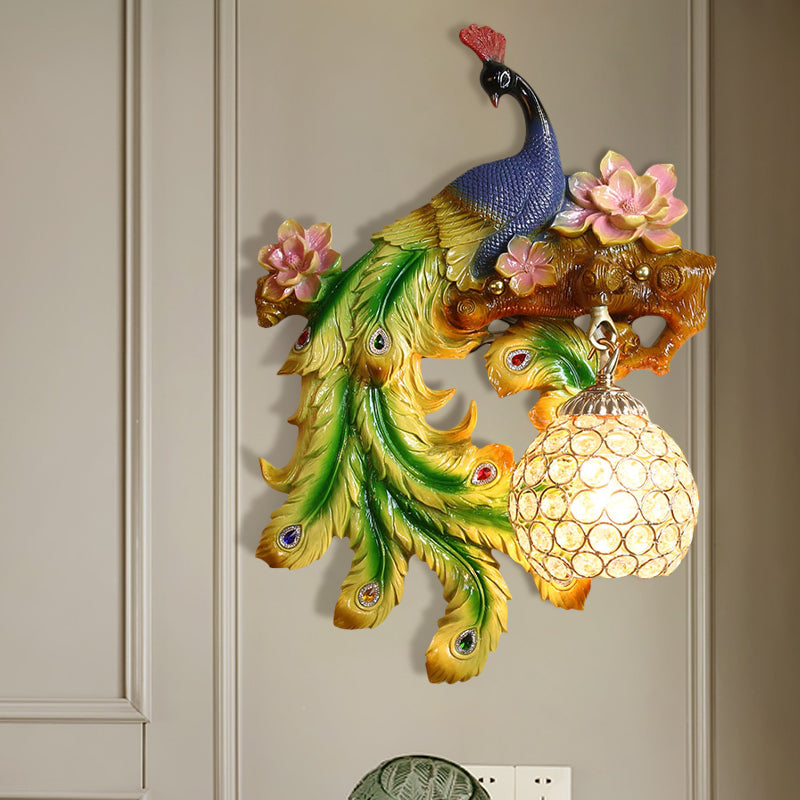 Peacock and Flower Bedroom Sconce Traditional Resin Single Head Blue-Green Wall Lighting Fixture with Orb Hand-Cut Crystal Shade, Left/Right Blue-Green Left Clearhalo 'Wall Lamps & Sconces' 'Wall Lights' Lighting' 1712879