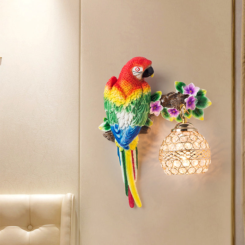 Resin Parrot Wall Sconce Antiqued Single Light Drawing Room Floral Wall Lighting Idea with Ball K9 Crystal Shade in Blue/Red Clearhalo 'Wall Lamps & Sconces' 'Wall Lights' Lighting' 1712885