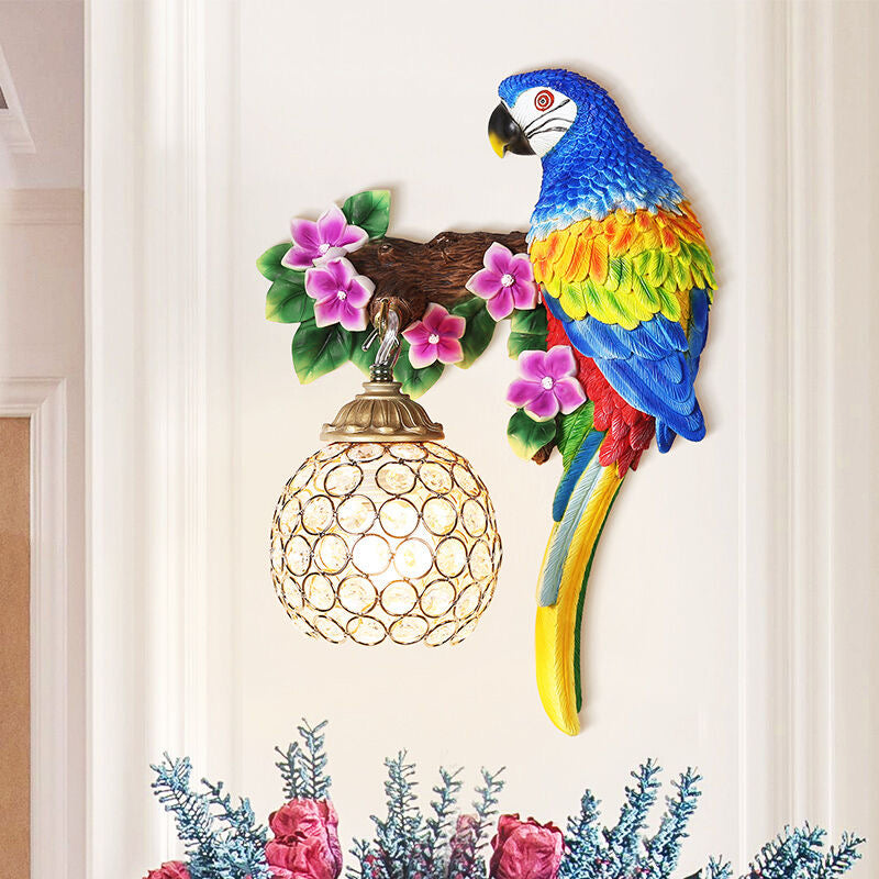 Resin Parrot Wall Sconce Antiqued Single Light Drawing Room Floral Wall Lighting Idea with Ball K9 Crystal Shade in Blue/Red Blue Clearhalo 'Wall Lamps & Sconces' 'Wall Lights' Lighting' 1712888