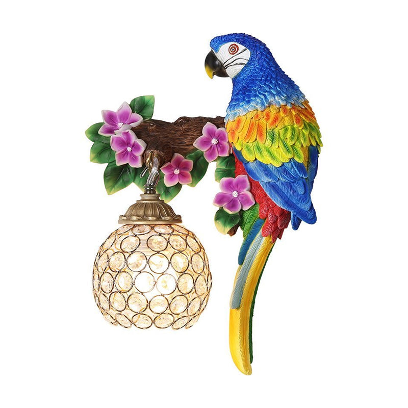 Resin Parrot Wall Sconce Antiqued Single Light Drawing Room Floral Wall Lighting Idea with Ball K9 Crystal Shade in Blue/Red Clearhalo 'Wall Lamps & Sconces' 'Wall Lights' Lighting' 1712891