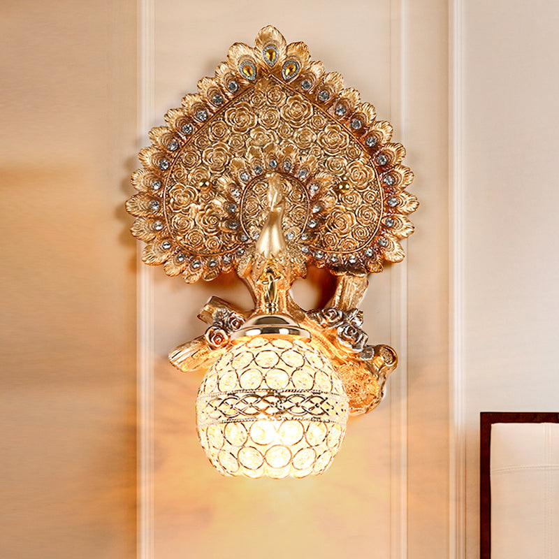 Classic Orb Shape Wall Lamp 1 Head Clear K9 Crystal Sconce Light Fixture with Peacock Decor in Yellow/Gold Gold Clearhalo 'Wall Lamps & Sconces' 'Wall Lights' Lighting' 1712896