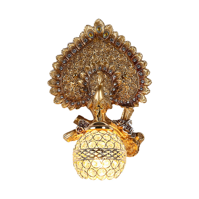 Classic Orb Shape Wall Lamp 1 Head Clear K9 Crystal Sconce Light Fixture with Peacock Decor in Yellow/Gold Clearhalo 'Wall Lamps & Sconces' 'Wall Lights' Lighting' 1712898