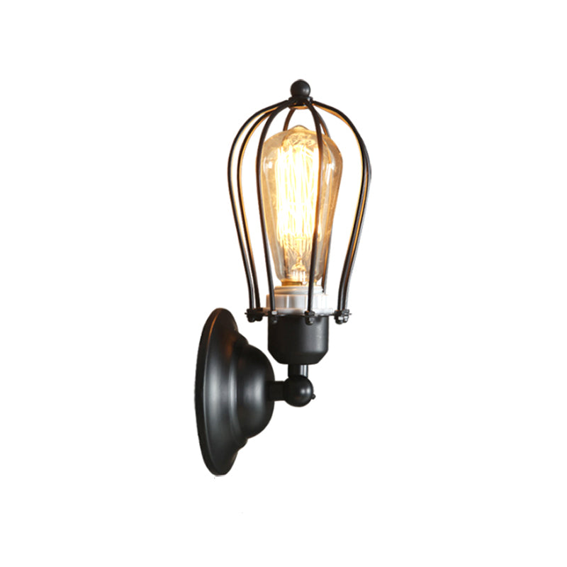 Metallic Oval Caged Wall Mounted Lamp Farmhouse 1-Light Restaurant Wall Lighting Fixture in Antique Bronze/Black Clearhalo 'Wall Lamps & Sconces' 'Wall Lights' Lighting' 1712902