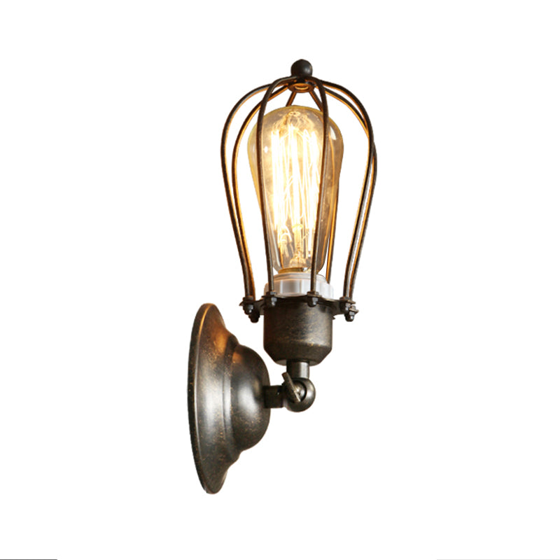 Metallic Oval Caged Wall Mounted Lamp Farmhouse 1-Light Restaurant Wall Lighting Fixture in Antique Bronze/Black Clearhalo 'Wall Lamps & Sconces' 'Wall Lights' Lighting' 1712906