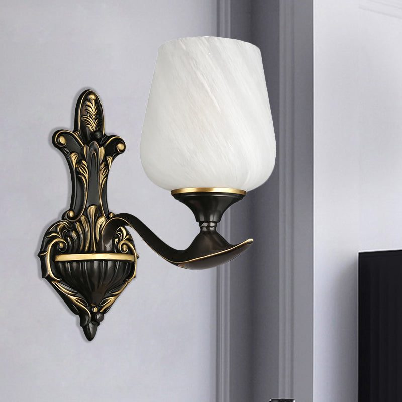 Milky Glass Cup-Like Wall Lamp Traditional 1/2-Light Bedside Wall Lighting Fixture in Black and Gold 1.0 Black-Gold Clearhalo 'Wall Lamps & Sconces' 'Wall Lights' Lighting' 1712912