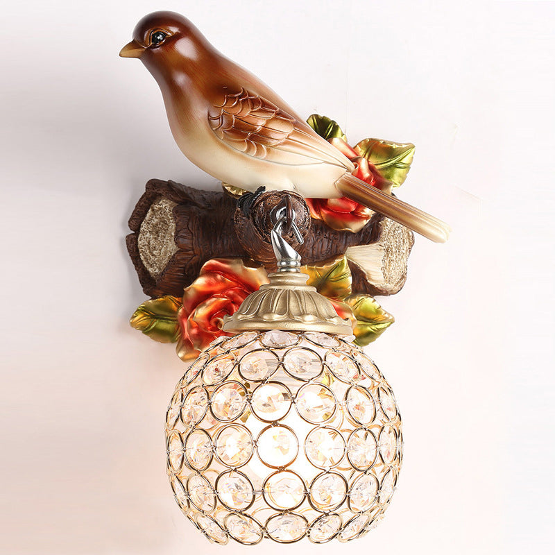 Brown Single Bulb Wall Lamp Retro Style Clear Crystal Encrusted Bubble Bird Designed Wall Mounted Light, Left/Right Clearhalo 'Wall Lamps & Sconces' 'Wall Lights' Lighting' 1712924