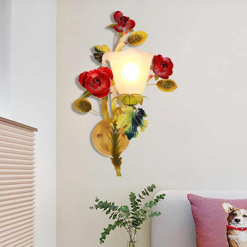 Yellow 1/2 Heads Sconce Lighting Country Milky Glass Blossom Wall Mount Lamp with Rose Decor 1.0 Yellow Clearhalo 'Wall Lamps & Sconces' 'Wall Lights' Lighting' 1712926