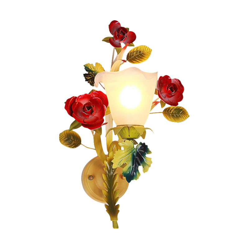 Yellow 1/2 Heads Sconce Lighting Country Milky Glass Blossom Wall Mount Lamp with Rose Decor Clearhalo 'Wall Lamps & Sconces' 'Wall Lights' Lighting' 1712928