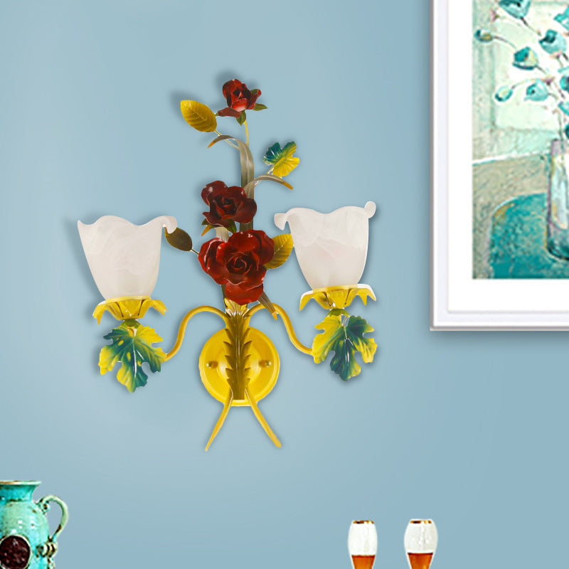 Yellow 1/2 Heads Sconce Lighting Country Milky Glass Blossom Wall Mount Lamp with Rose Decor 2.0 Yellow Clearhalo 'Wall Lamps & Sconces' 'Wall Lights' Lighting' 1712930