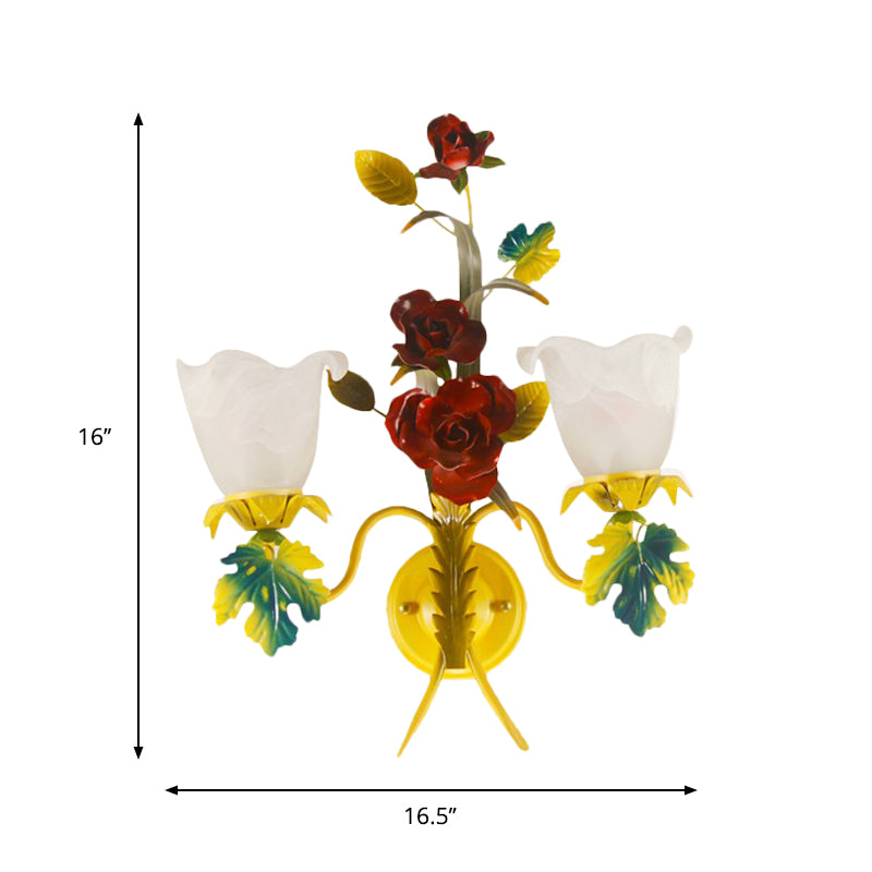 Yellow 1/2 Heads Sconce Lighting Country Milky Glass Blossom Wall Mount Lamp with Rose Decor Clearhalo 'Wall Lamps & Sconces' 'Wall Lights' Lighting' 1712934