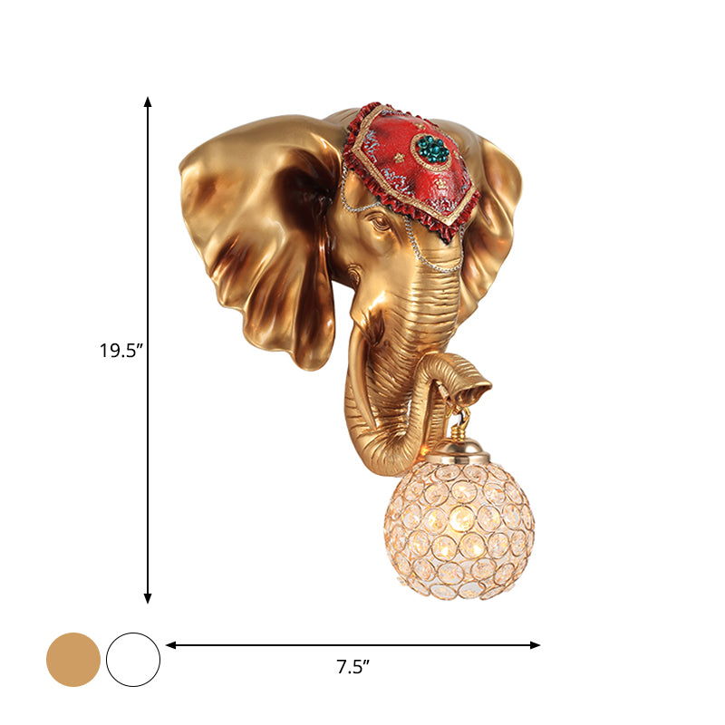 1-Light Dome/Water Drop Wall Lighting Rural White/Gold Inserted Crystal Wall Mounted Lamp with Elephant Head Decor Clearhalo 'Wall Lamps & Sconces' 'Wall Lights' Lighting' 1712992