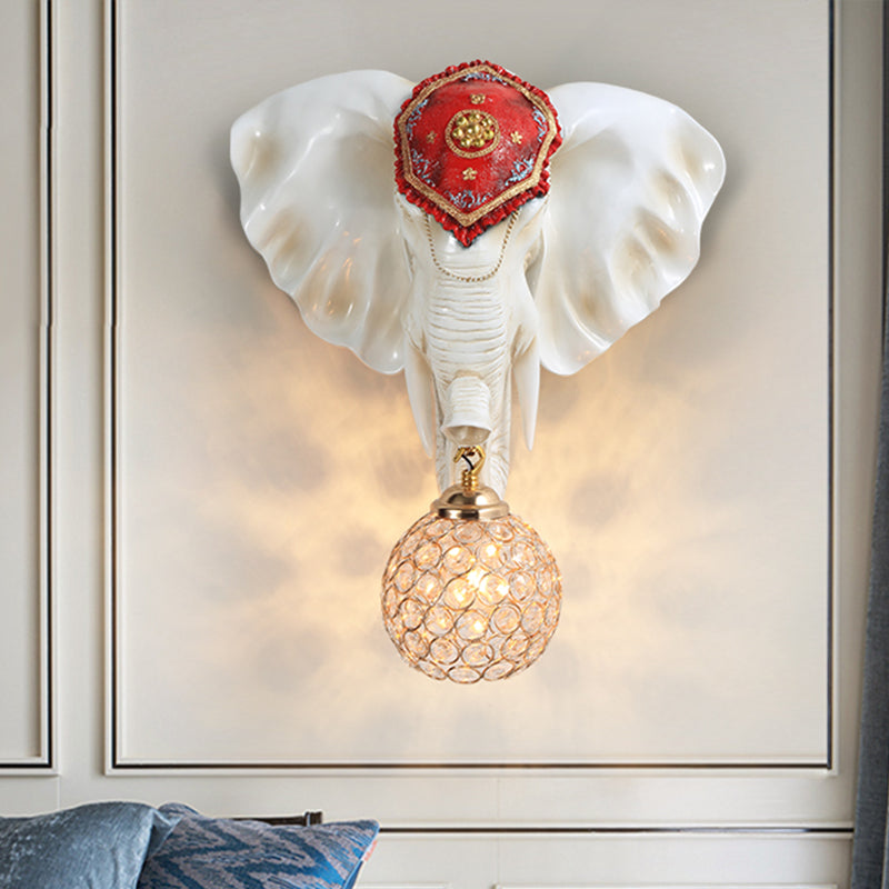 1-Light Dome/Water Drop Wall Lighting Rural White/Gold Inserted Crystal Wall Mounted Lamp with Elephant Head Decor White Dome Clearhalo 'Wall Lamps & Sconces' 'Wall Lights' Lighting' 1712993