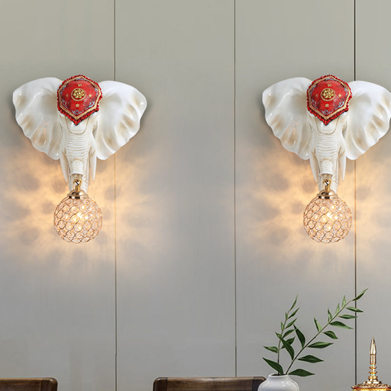 1-Light Dome/Water Drop Wall Lighting Rural White/Gold Inserted Crystal Wall Mounted Lamp with Elephant Head Decor Clearhalo 'Wall Lamps & Sconces' 'Wall Lights' Lighting' 1712994