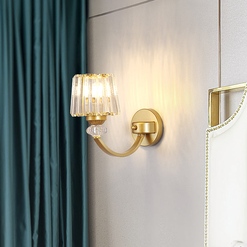 Clear Crystal Barrel Wall Lamp Modernist 1/2-Light Wall Mounted Lighting with Curved Arm in Black/Gold 1.0 Gold Clearhalo 'Modern wall lights' 'Modern' 'Wall Lamps & Sconces' 'Wall Lights' Lighting' 1713023