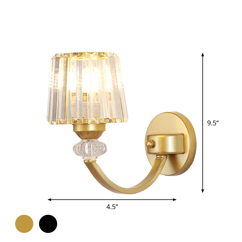 Clear Crystal Barrel Wall Lamp Modernist 1/2-Light Wall Mounted Lighting with Curved Arm in Black/Gold Clearhalo 'Modern wall lights' 'Modern' 'Wall Lamps & Sconces' 'Wall Lights' Lighting' 1713026